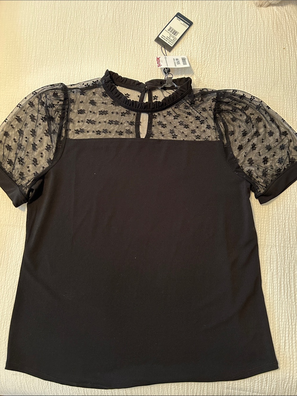 Adrianna Papell Black Sheer Embroidered Yoke Puff Sleeve Top